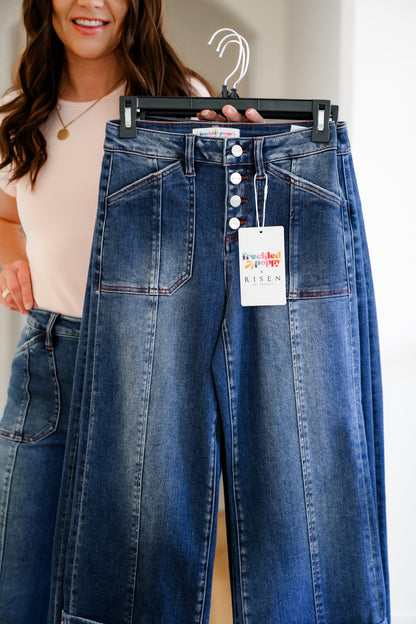 Risen Multi Inseam High Rise Dark Wash Cropped Wide Cuffed Straight Leg Jeans - Freckled Poppy