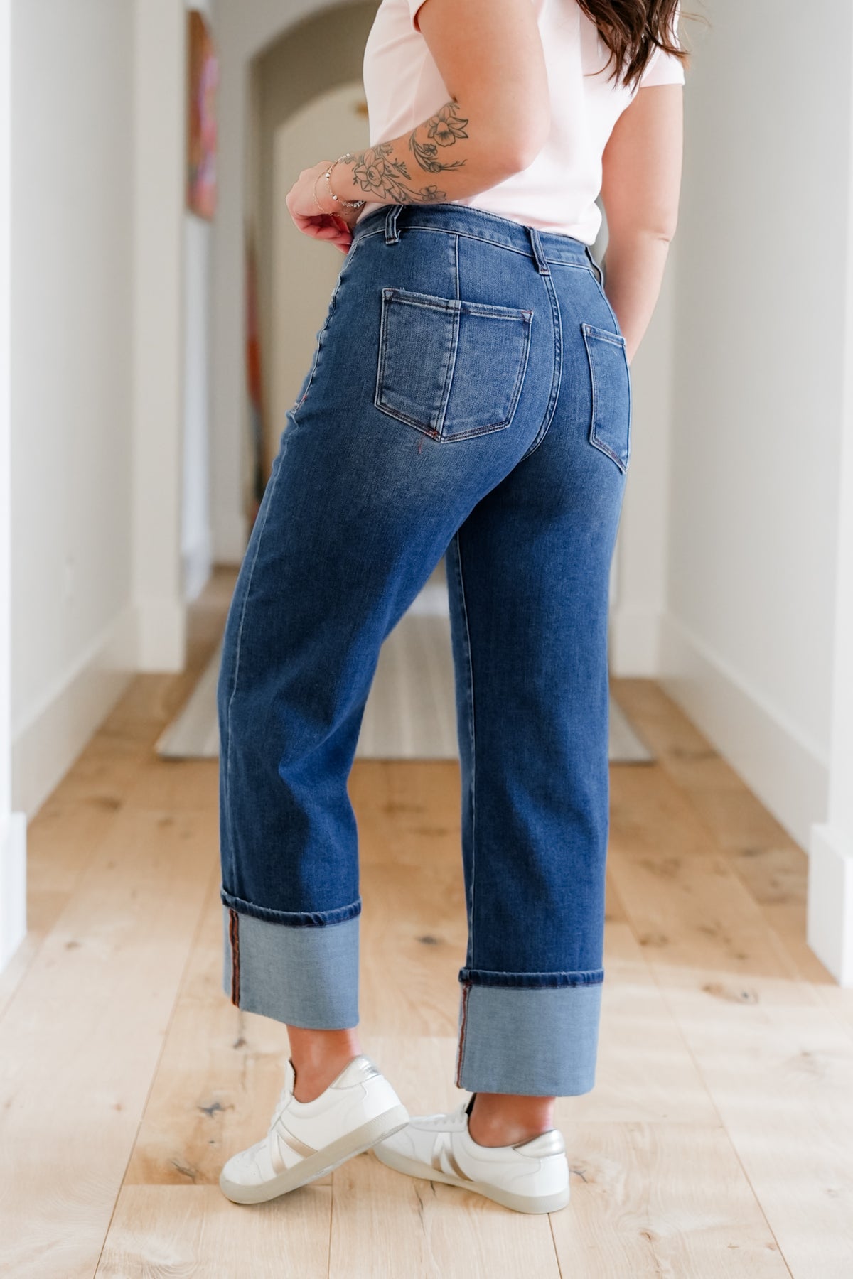 Risen Multi Inseam High Rise Dark Wash Cropped Wide Cuffed Straight Leg Jeans - Freckled Poppy