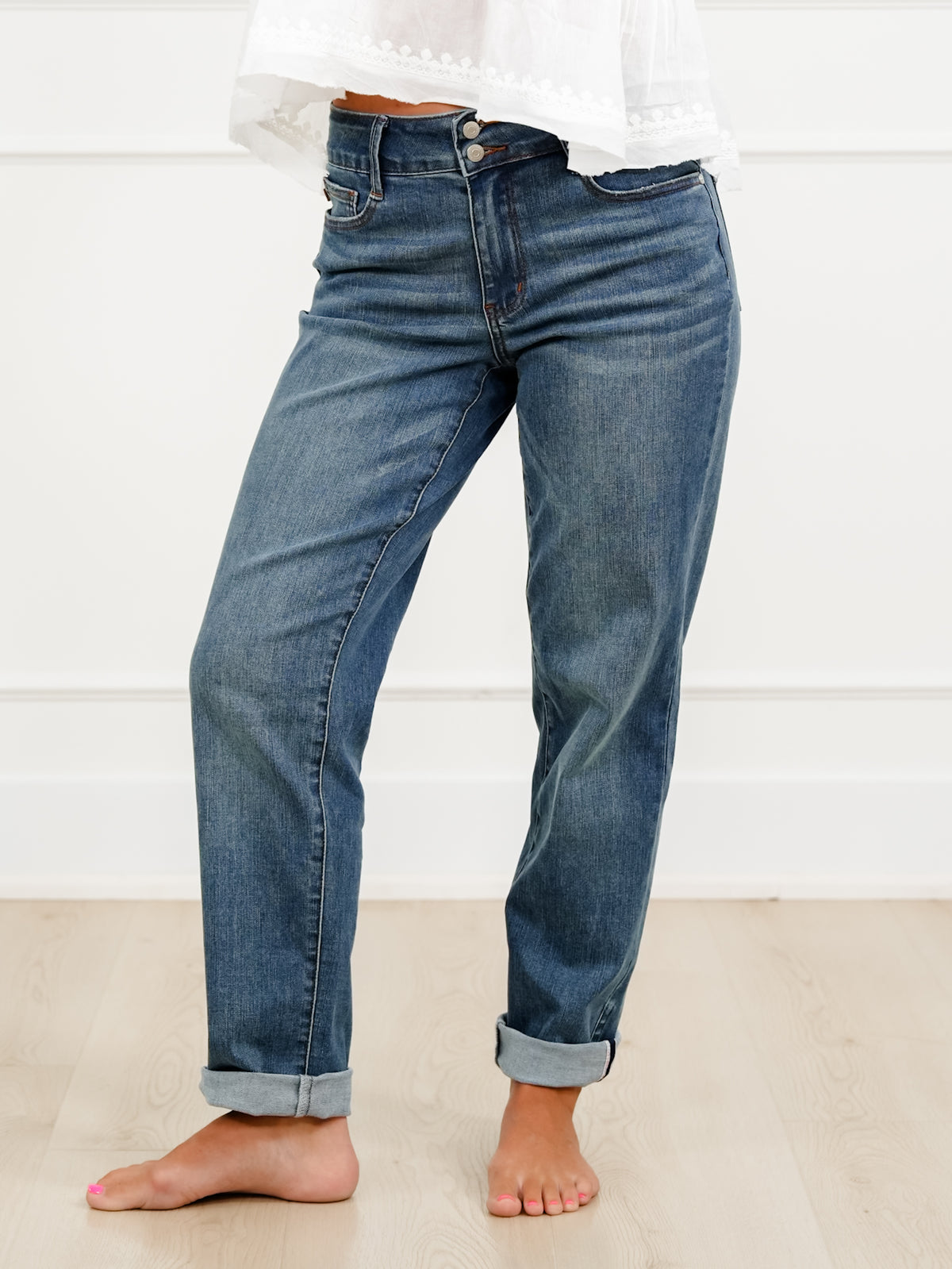 Judy Blue Summer Breeze Mid Rise Medium Wash Cool Denim Boyfriend Jeans - Freckled Poppy