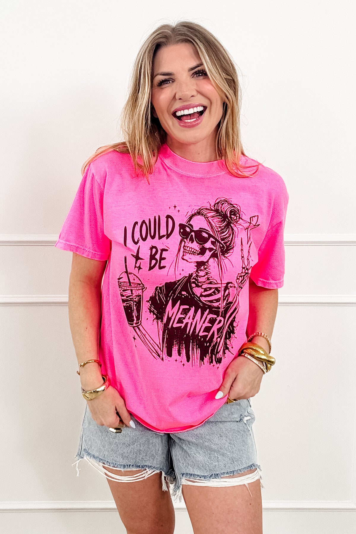 Plus/Reg Short Sleeve "I Could Be Meaner" Skeleton Graphic Tee - Freckled Poppy