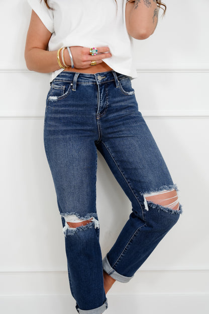 Risen High Rise Dark Wash Tummy Control Distressed Girlfriend Jeans - Freckled Poppy