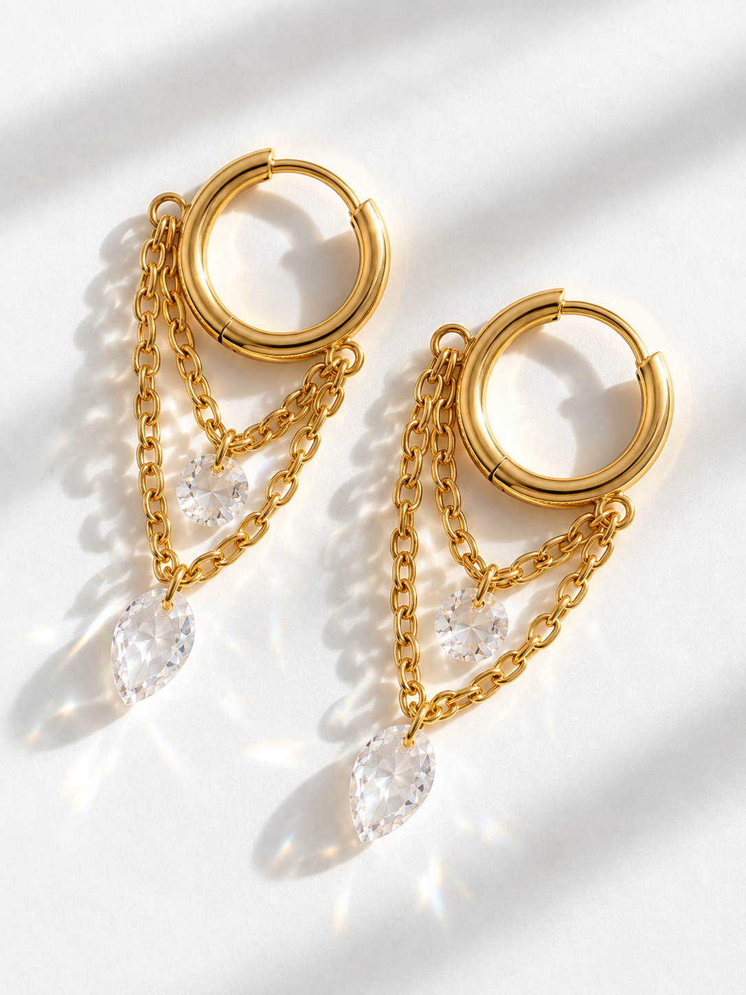 Gold Crystal Chain Drop Hoop Earrings