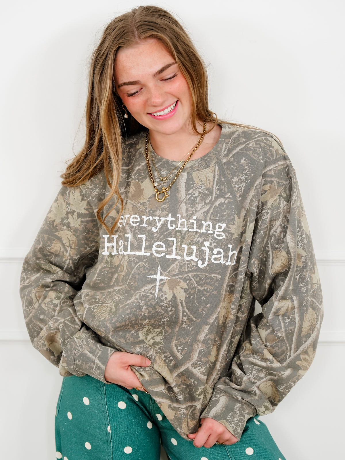 Plus/Reg Camo Long Sleeve "Everything Hallelujah" Graphic Sweatshirt - Freckled Poppy