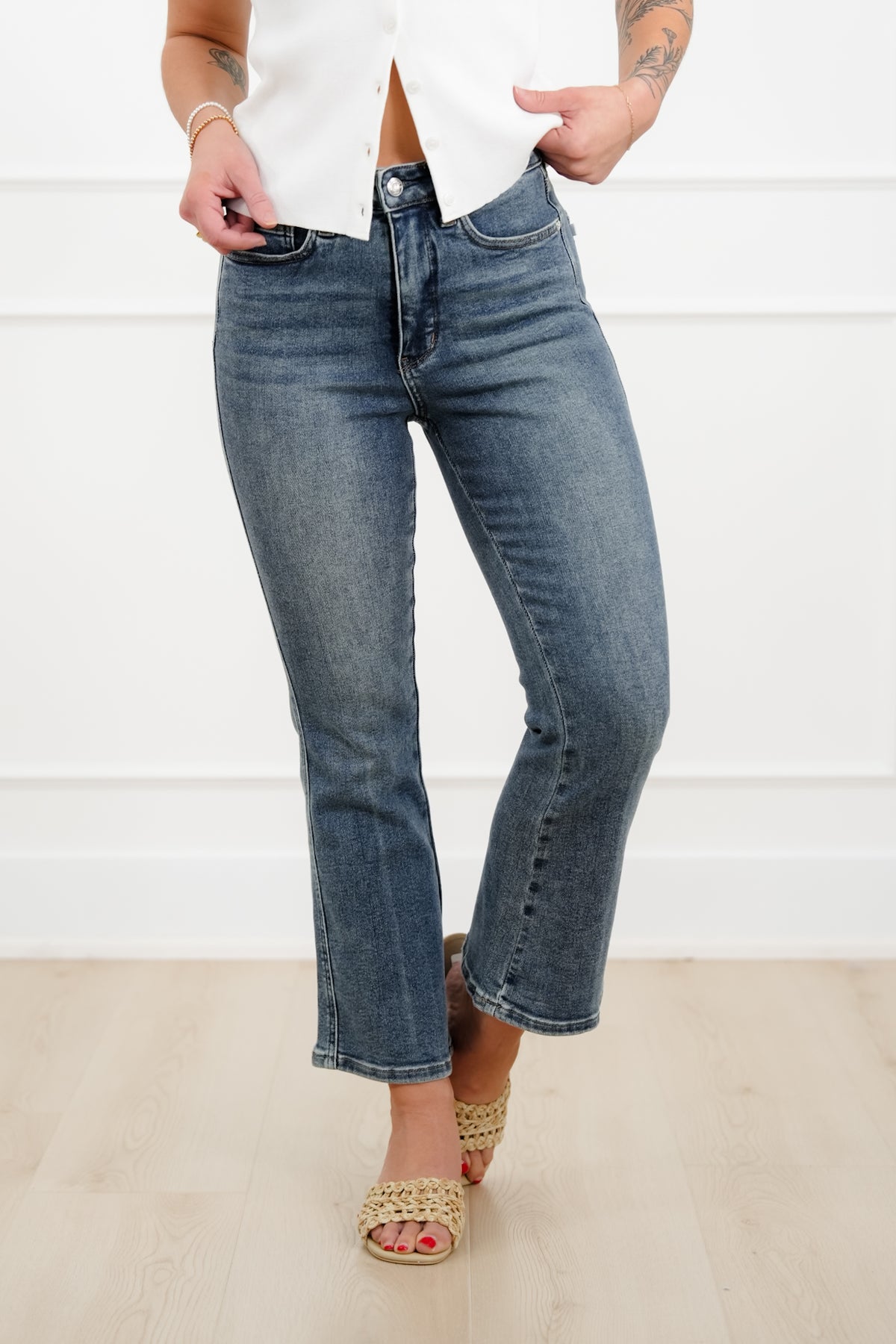 Judy Blue High Rise Medium Wash Tummy Control Kick Flare Jeans - Freckled Poppy