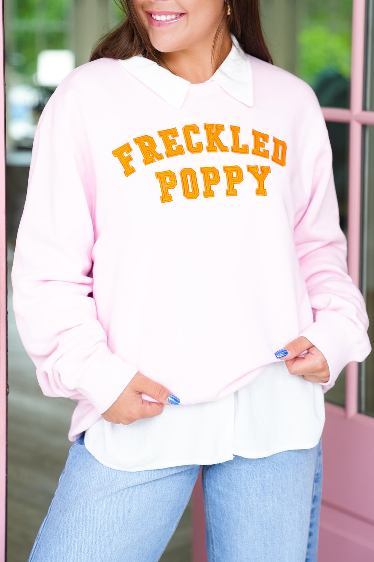 Plus/Reg Long Sleeve Pink "Freckled Poppy" Graphic Sweatshirt - Freckled Poppy