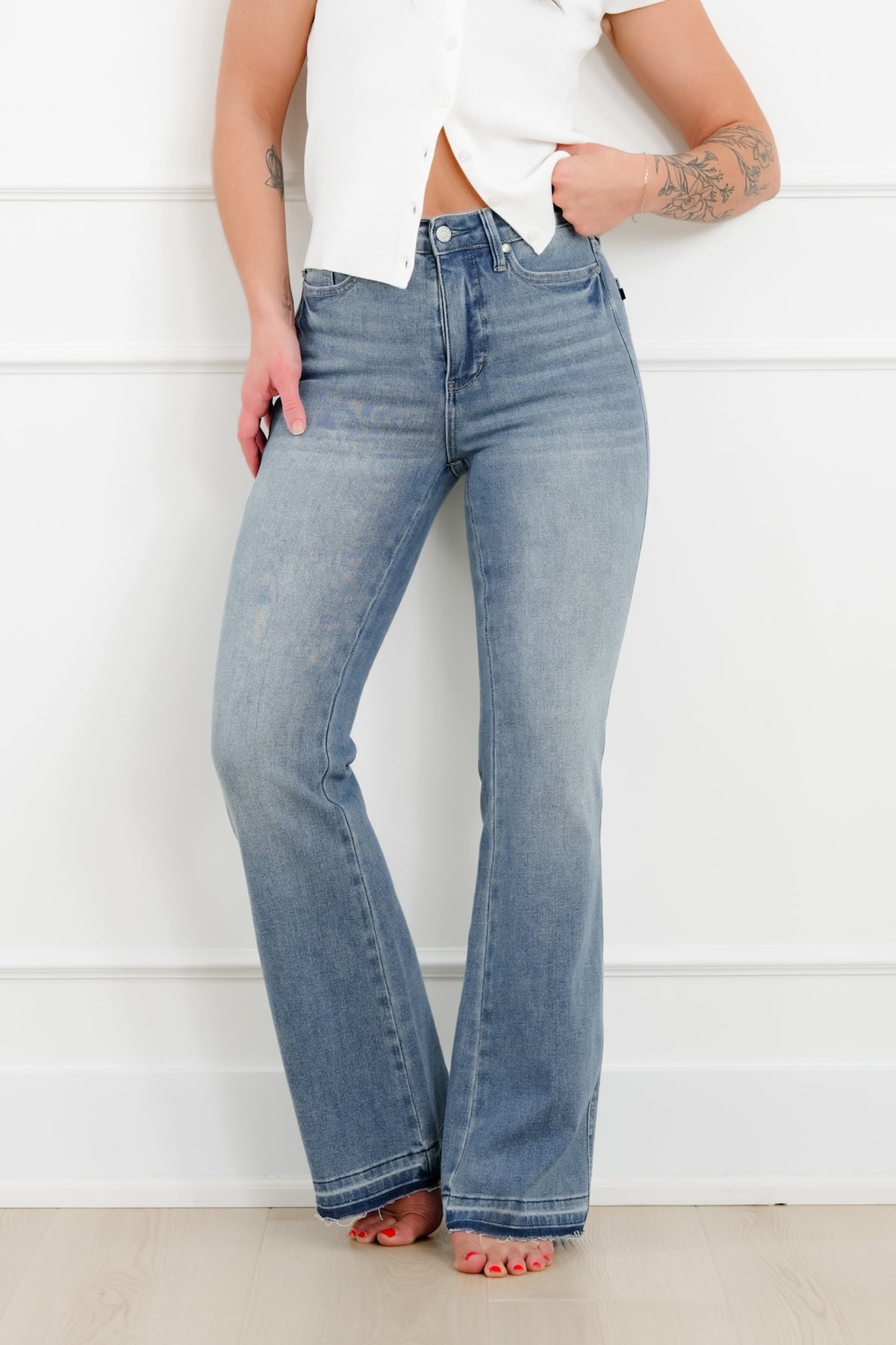 Judy Blue Mid Rise Medium Wash Tummy Control Slim Bootcut Jeans - Freckled Poppy