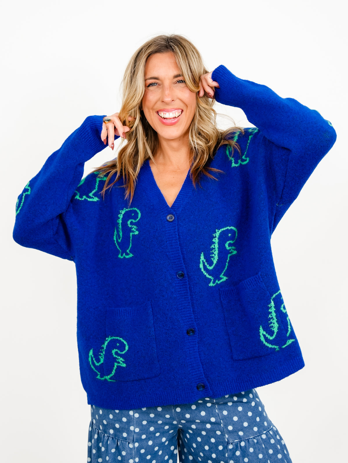 Plus/Reg Dinosaur Pattern Button Down Cardigan With Pockets - Freckled Poppy