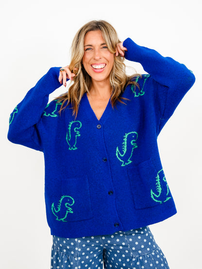 Plus/Reg Dinosaur Pattern Button Down Cardigan With Pockets - Freckled Poppy
