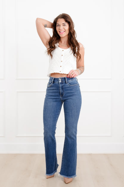 Judy Blue The Delilah High Rise Medium Wash Double Button Frayed Hem Bootcut Jeans - Freckled Poppy