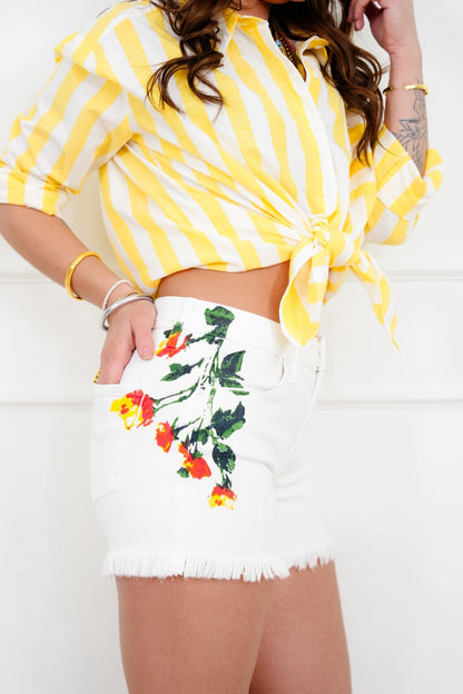 Risen White Tummy Control Flower Print Shorts - Freckled Poppy