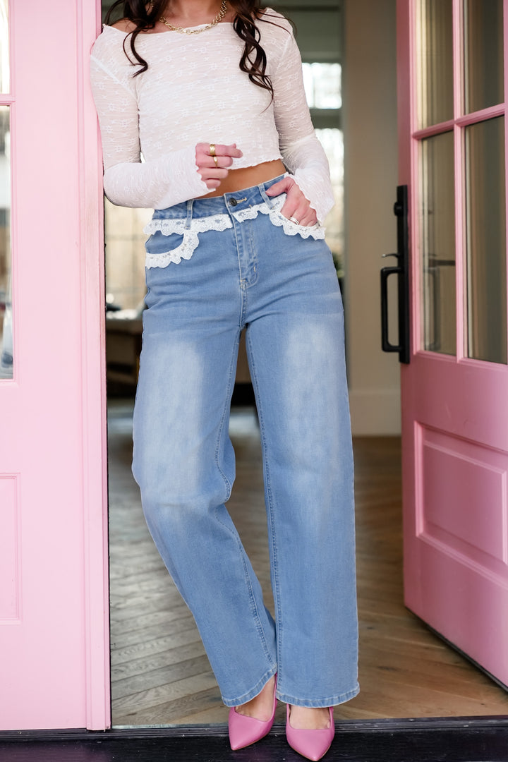 Lace Trim High Waist Straight Leg Jeans - Freckled Poppy