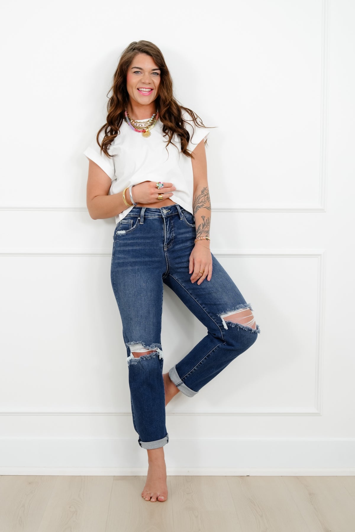 Risen High Rise Dark Wash Tummy Control Distressed Girlfriend Jeans - Freckled Poppy
