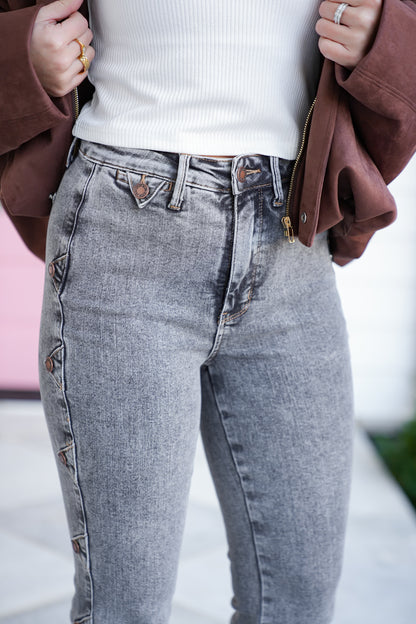 Judy Blue High Rise Grey Tummy Control Bootcut Jeans with Western Side Seam - Freckled Poppy