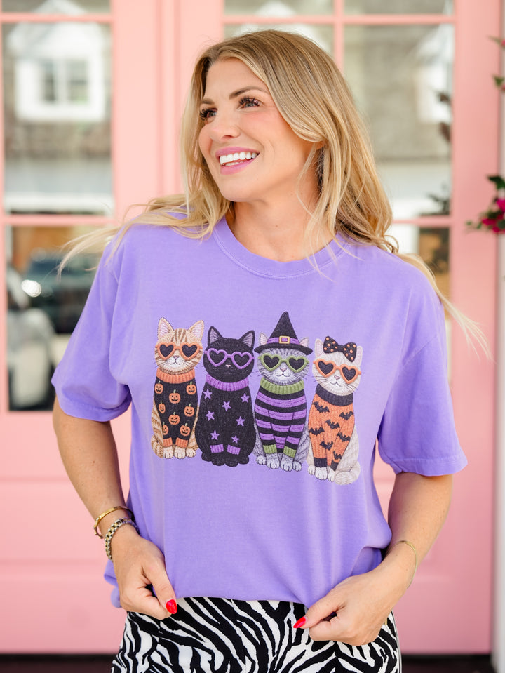 Plus/Reg Short Sleeve Cats Wearing Sweaters Halloween Graphic Tee - Freckled Poppy