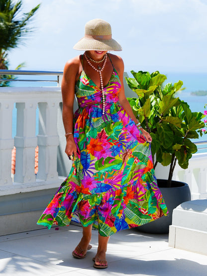 Tropical Print Sleeveless V Neck Maxi Dress - Freckled Poppy