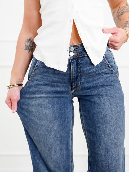 Restock! Judy Blue Anytime Anyplace Medium Wash High Waisted Double Button Wide Leg Jeans - Freckled Poppy