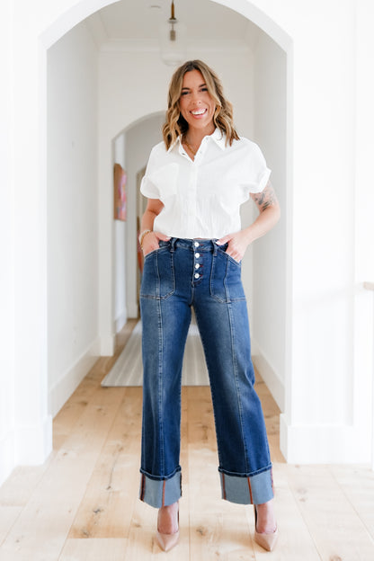 Risen Multi Inseam High Rise Dark Wash Cropped Wide Cuffed Straight Leg Jeans - Freckled Poppy