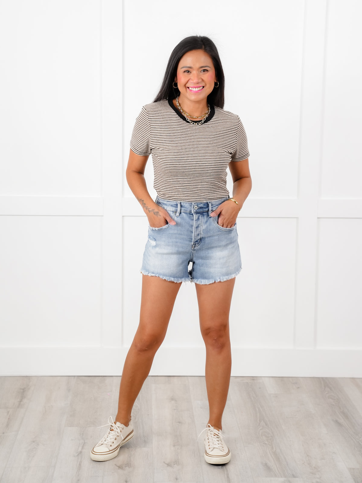Mica Light Wash Distressed Button Fly Raw Hem Shorts - Freckled Poppy