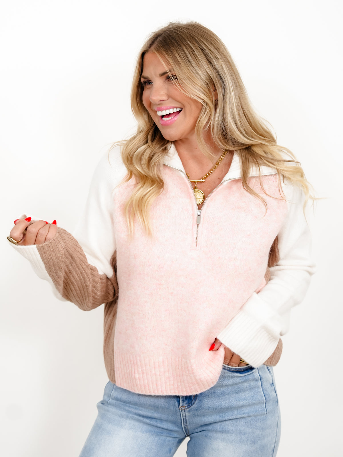 Half-Zip Mock Neck Long Sleeve Ribbed Color Block Sweater - Freckled Poppy