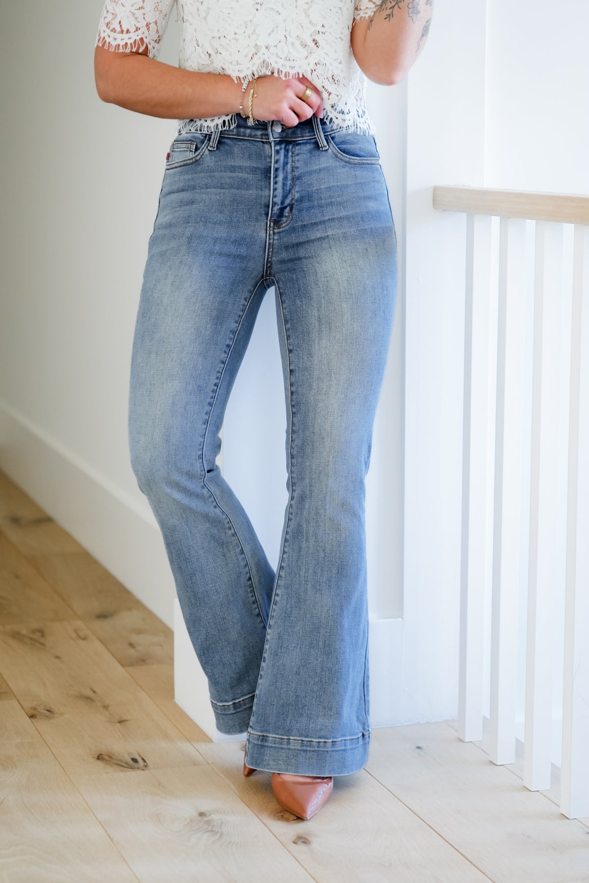 Judy Blue Multi-Inseam Mid-Rise Medium Wash Trouser Flare Jeans - Freckled Poppy