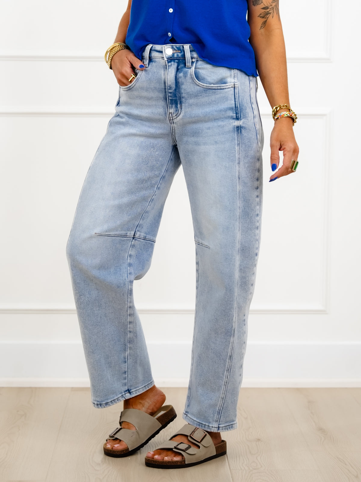 Restock! Risen The Hollis Light Wash Boyfriend Cuffed Barrel Jeans - Freckled Poppy