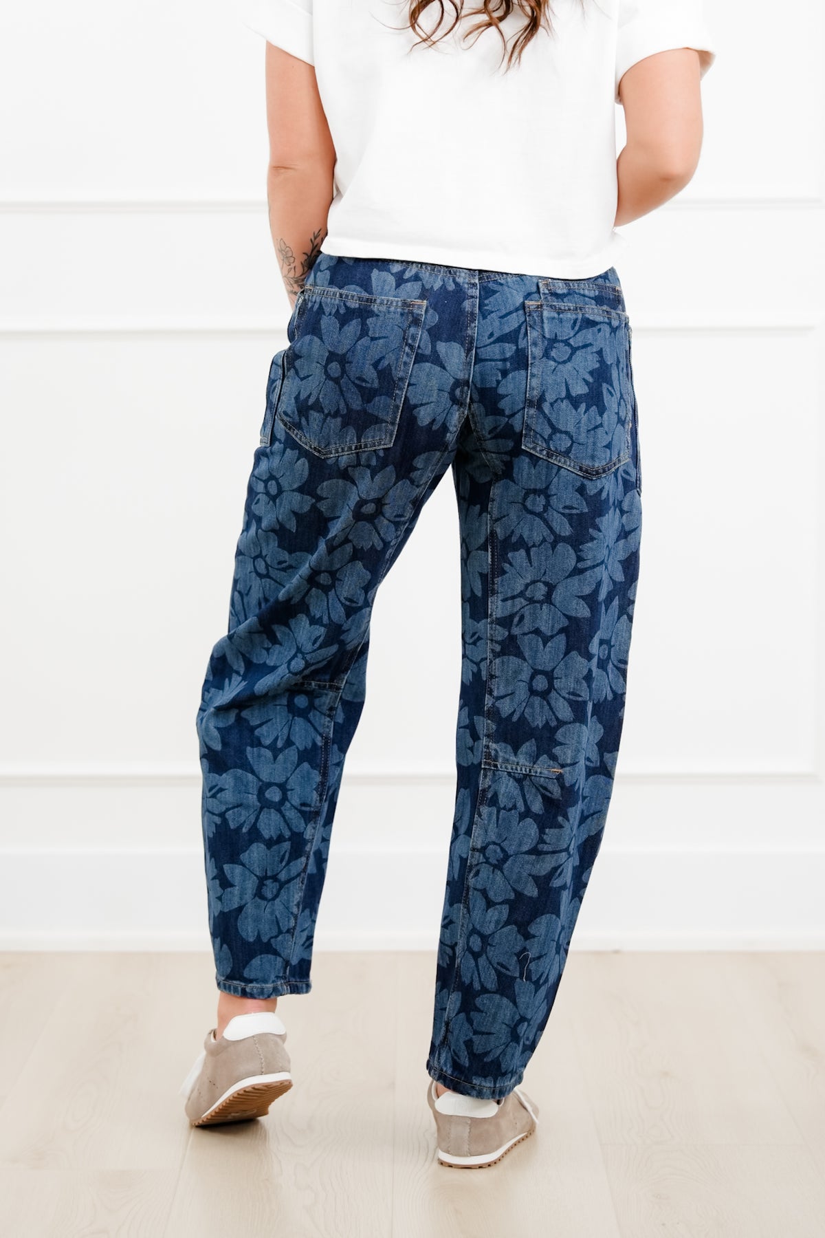 Risen Mid Rise Dark Wash Floral Relaxed Barrel Jeans - Freckled Poppy