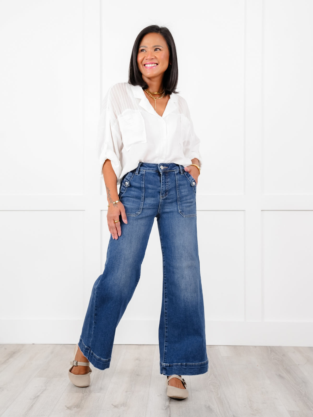 Risen High Rise Dark Wash Ankle Wide Leg Patch Front Pocket Jeans - Freckled Poppy