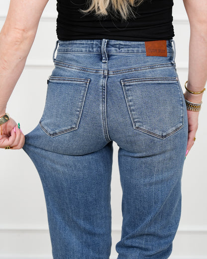 Restock! Judy Blue ALEX'S FAVE Mid Rise Medium Wash Button Fly Rigid Magic Slim Straight Leg Jeans - Freckled Poppy