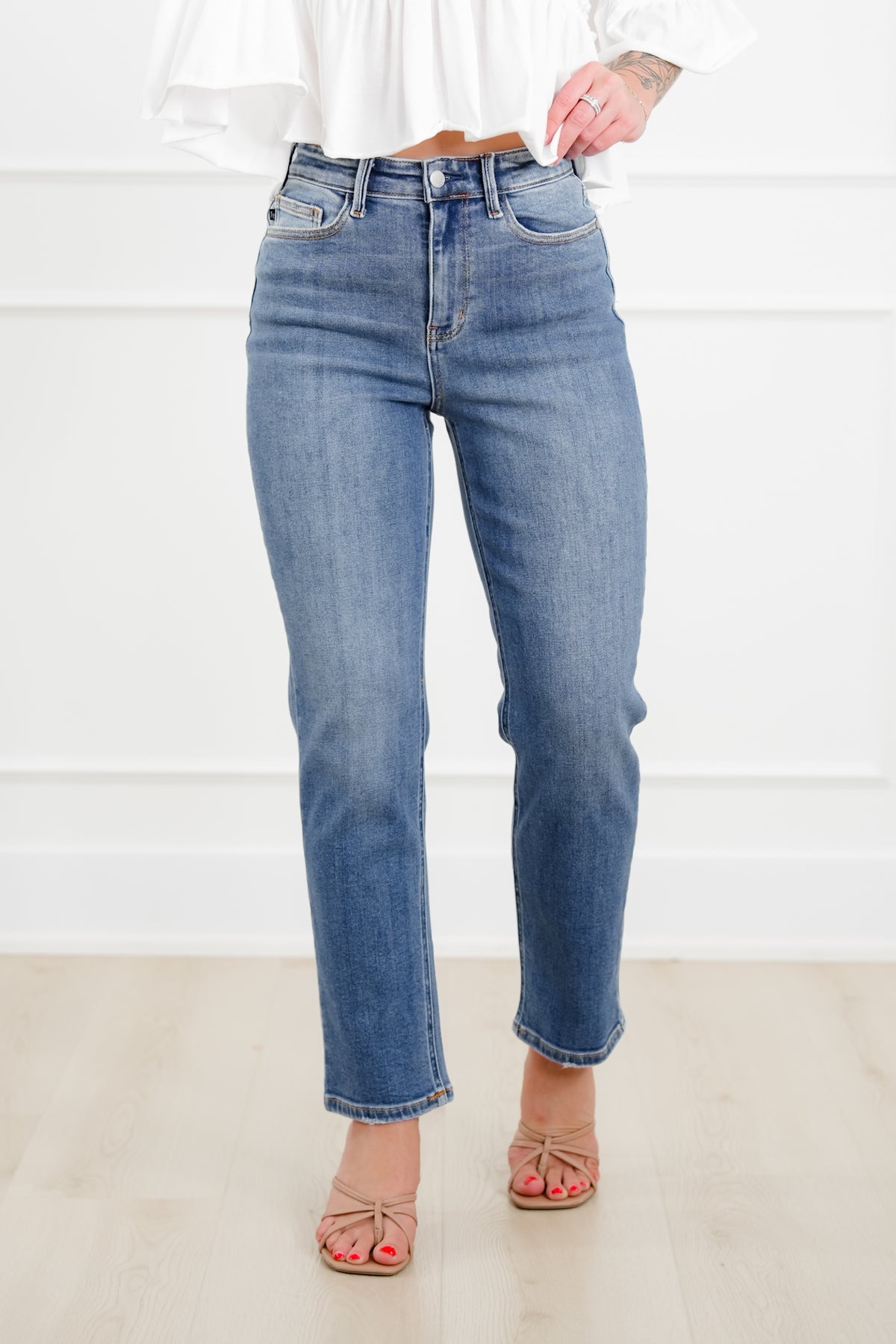Judy Blue High Rise Medium Wash Ankle Length Straight Leg Jeans - Freckled Poppy
