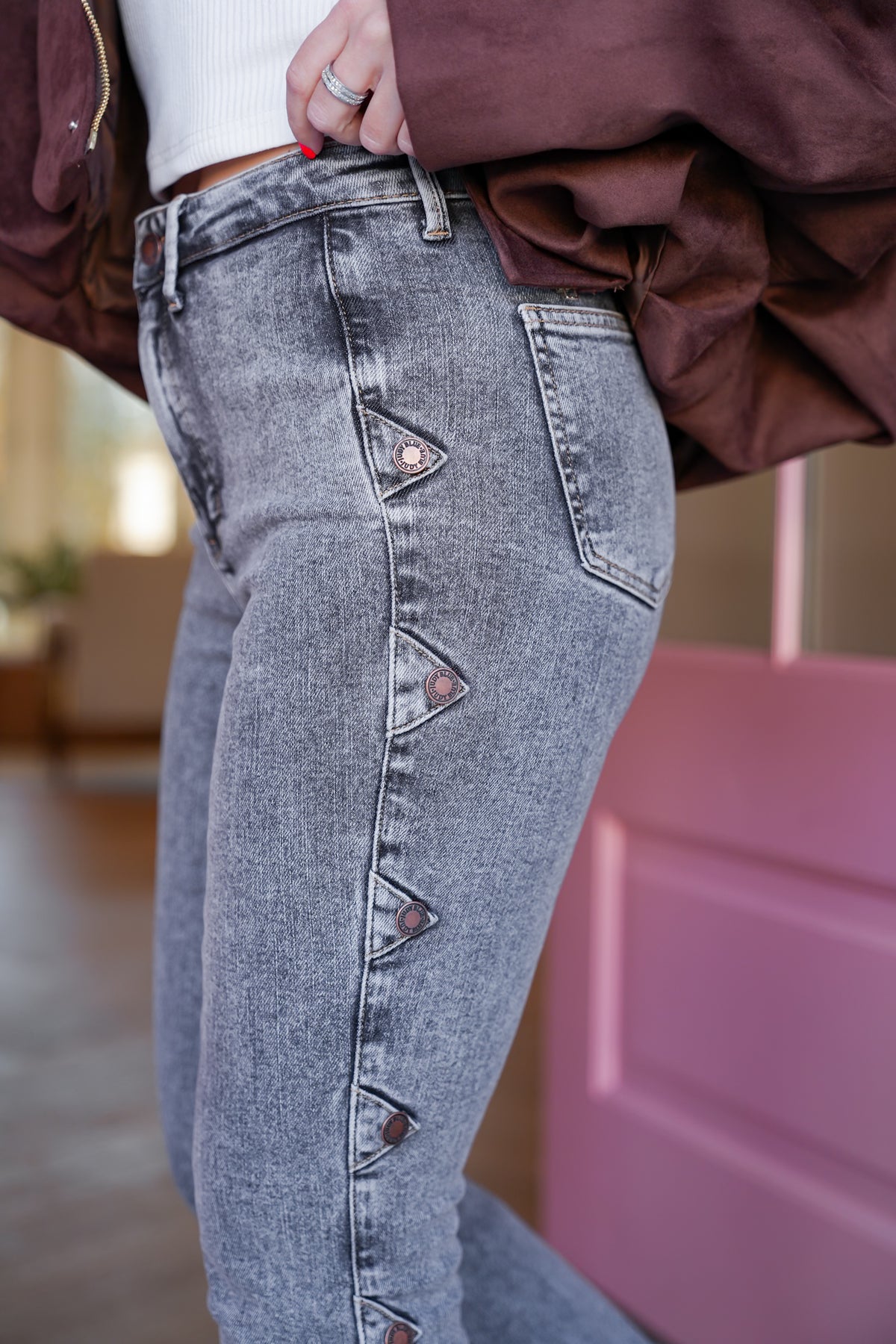 Judy Blue High Rise Grey Tummy Control Bootcut Jeans with Western Side Seam - Freckled Poppy