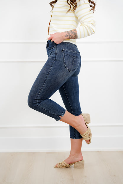 Judy Blue High Rise Dark Wash Tummy Control Capri Jeans with Shield Back Pockets - Freckled Poppy