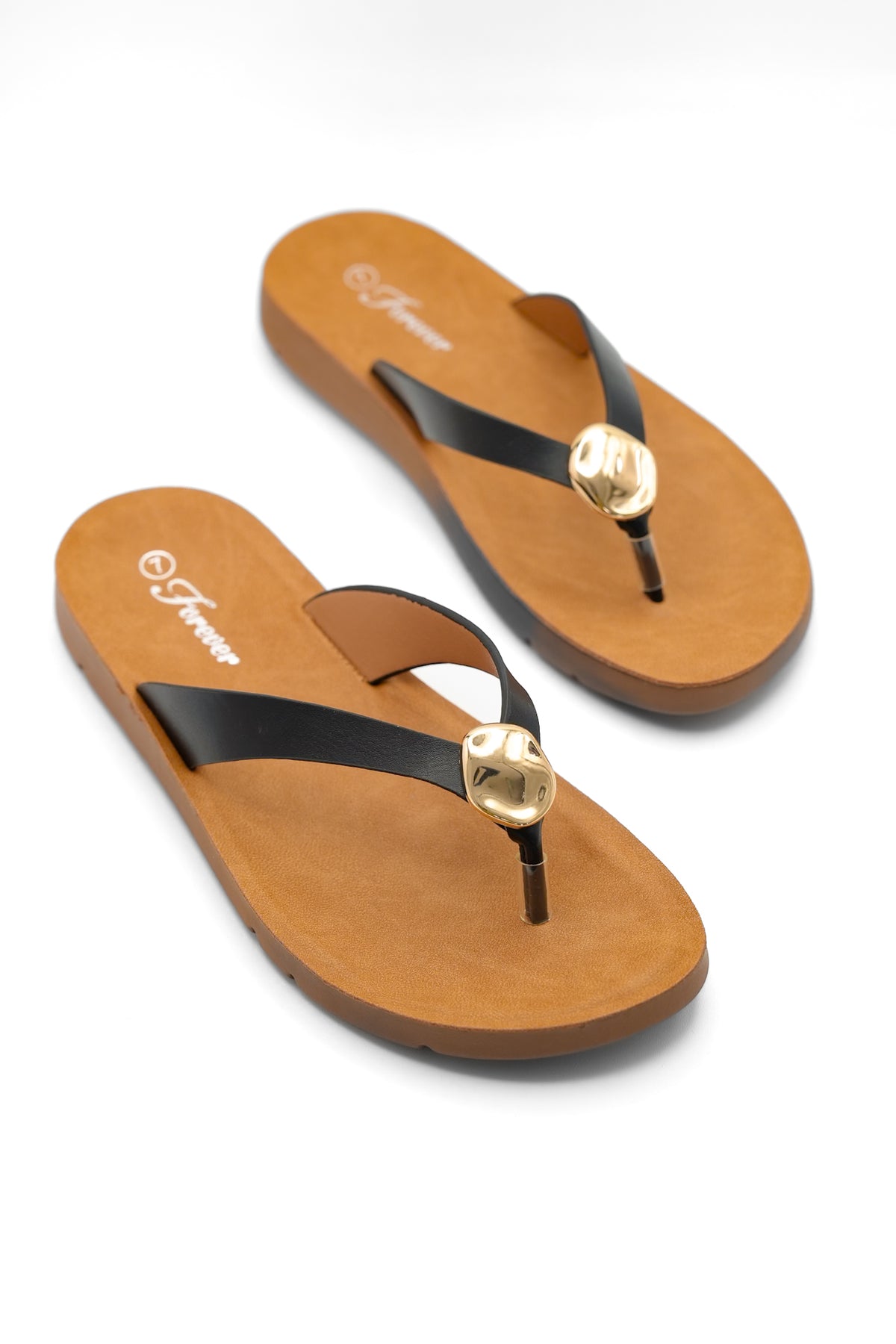 Vegan Leather Thong Sandal with Gold Accent Detail - Freckled Poppy