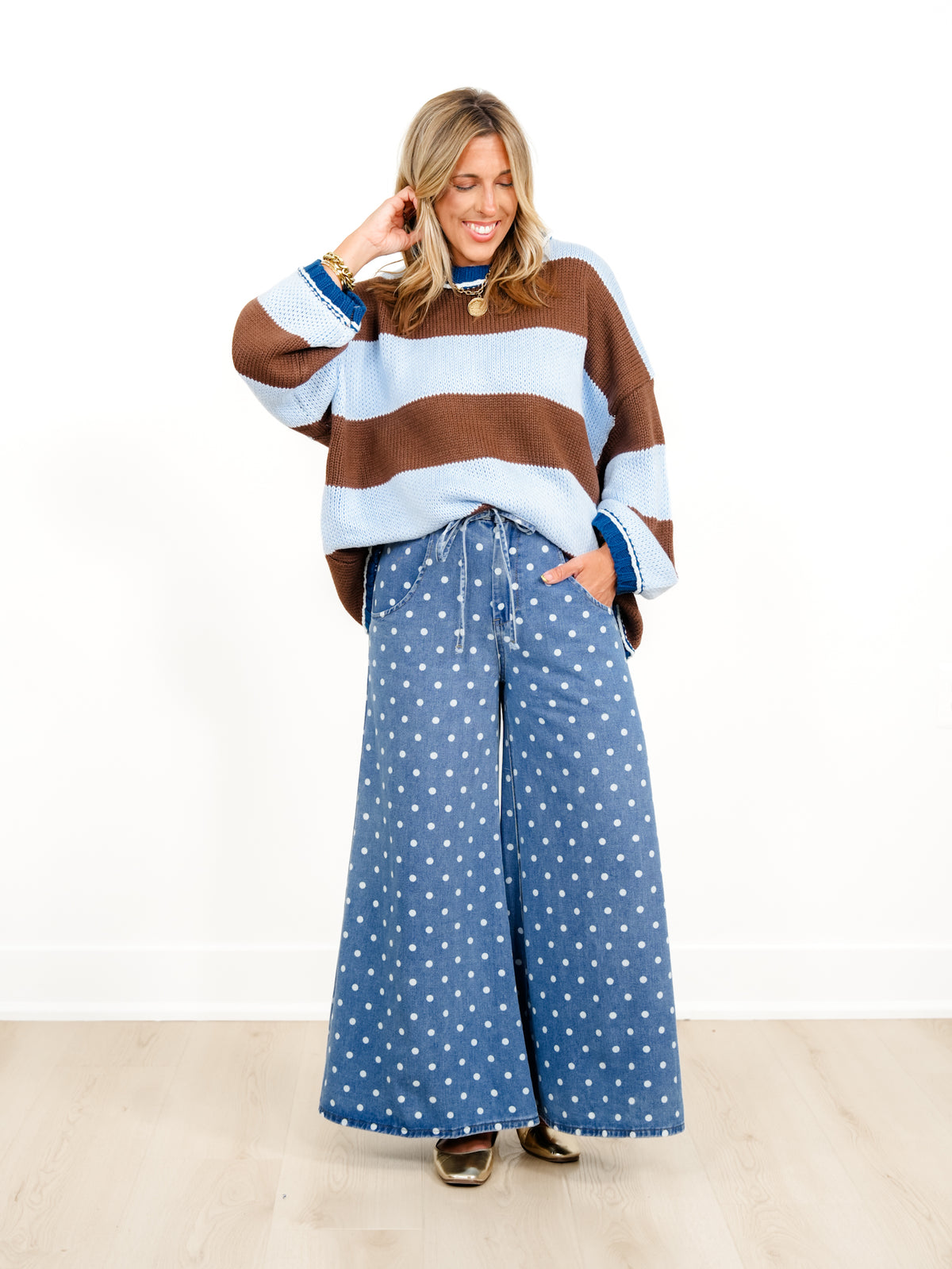 Plus/Reg Light Wash Polka Dot High Waist Wide Leg Jeans - Freckled Poppy