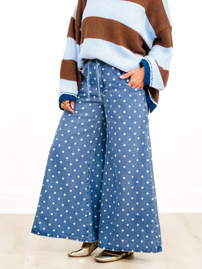 Plus/Reg Light Wash Polka Dot High Waist Wide Leg Jeans - Freckled Poppy