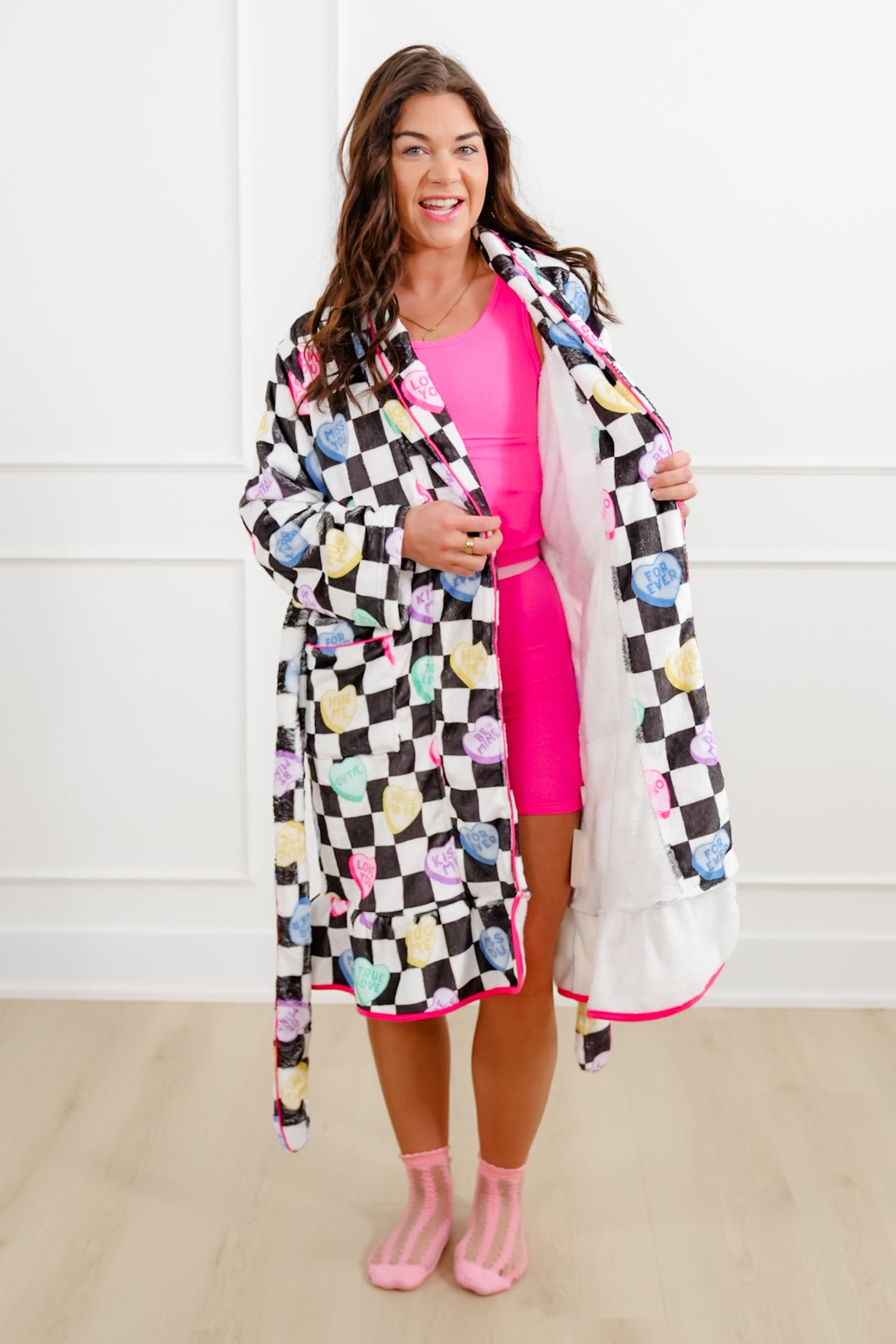 Plus/Reg Checkered Conversation Hearts Print Lounge Robe - Freckled Poppy
