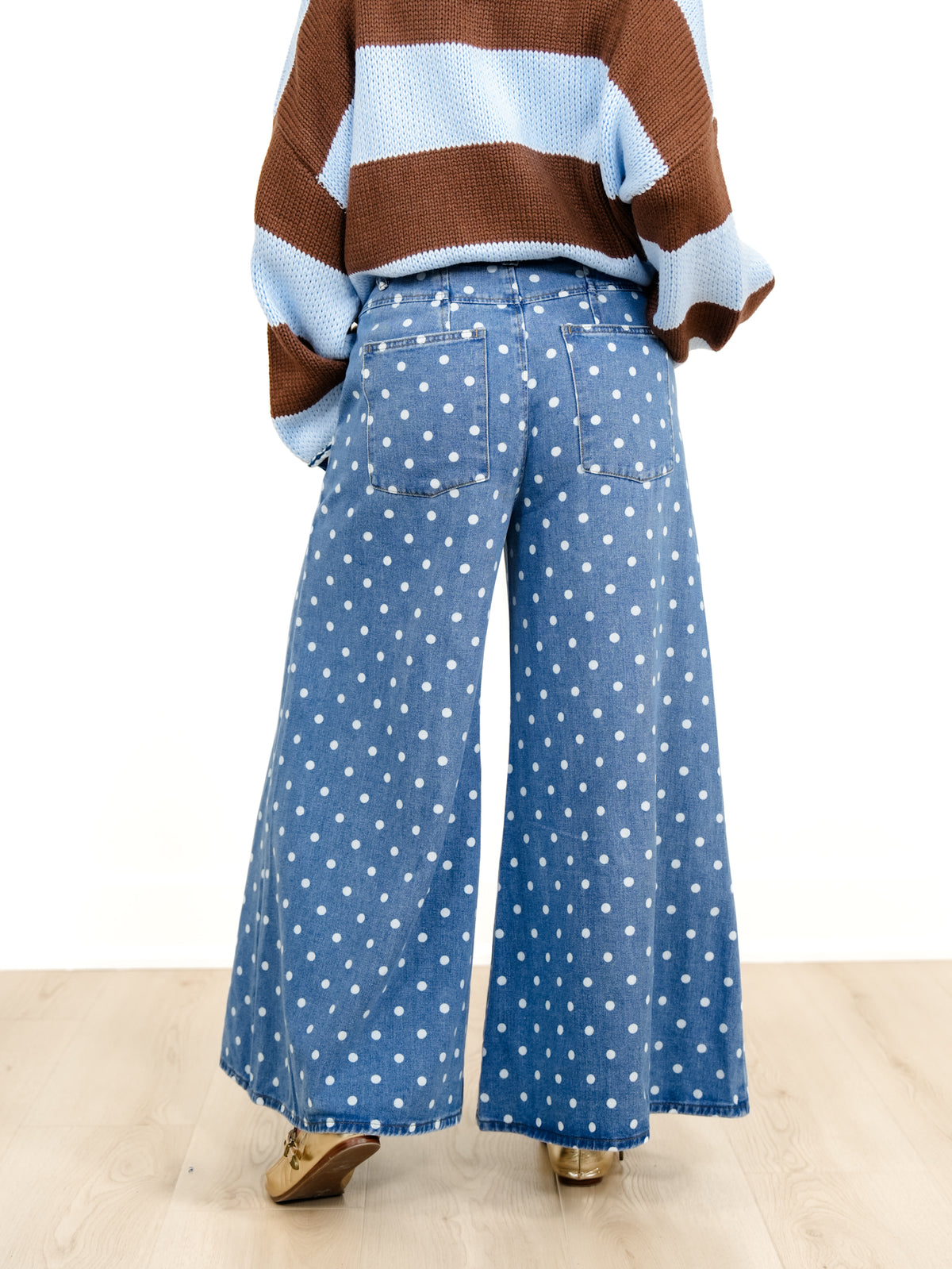 Plus/Reg Light Wash Polka Dot High Waist Wide Leg Jeans - Freckled Poppy