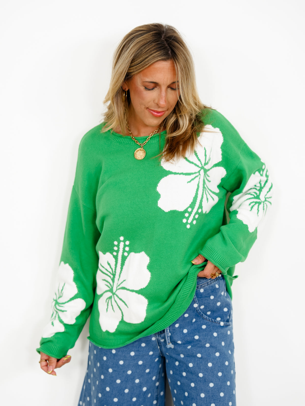 Hibiscus Floral Long Sleeve Pullover Sweater - Freckled Poppy