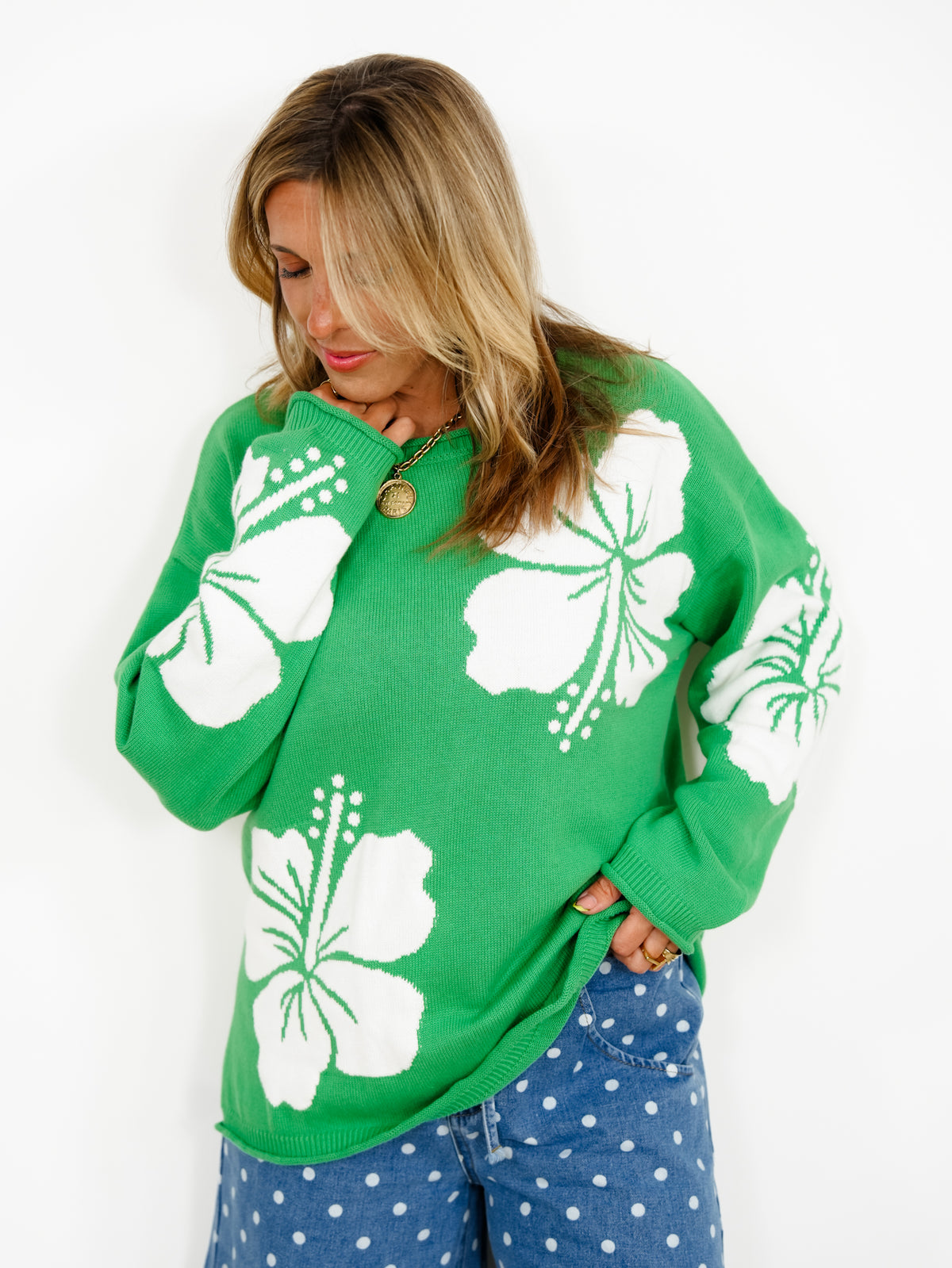 Hibiscus Floral Long Sleeve Pullover Sweater - Freckled Poppy