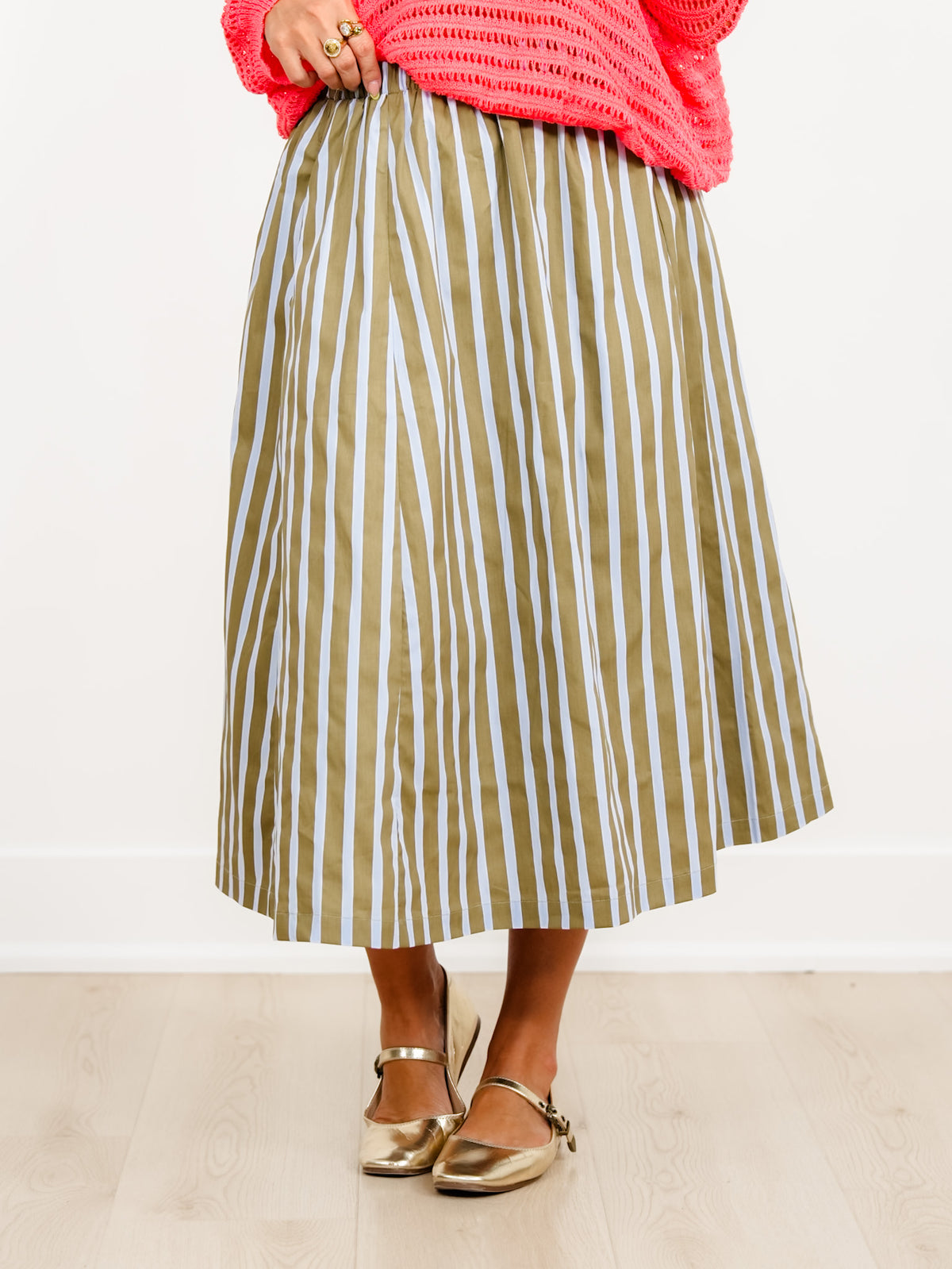 Elastic Waist Wide Stripe Midi Skirt - Freckled Poppy