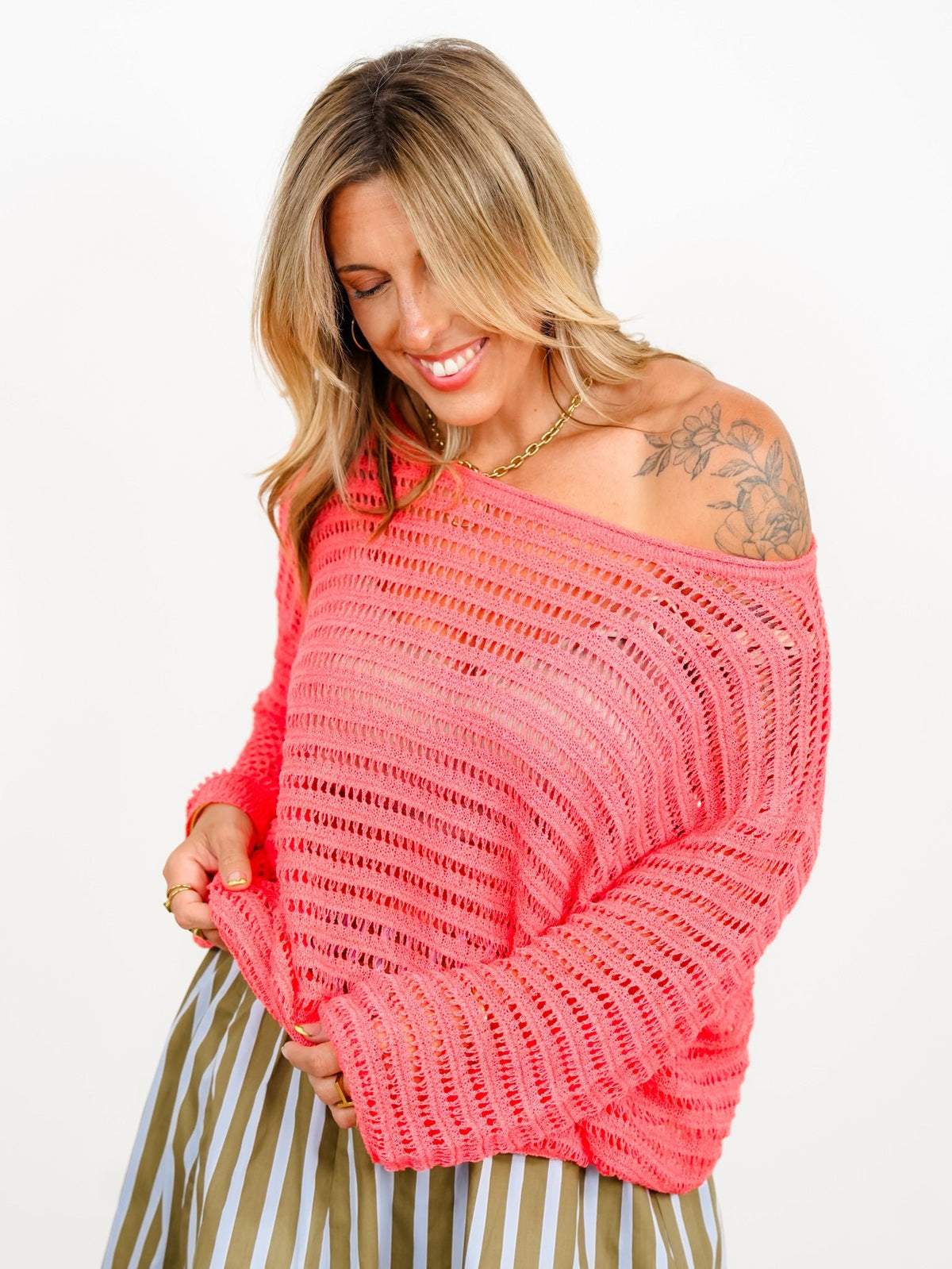 Loose Knit Long Sleeve BoatNeck Top - Freckled Poppy