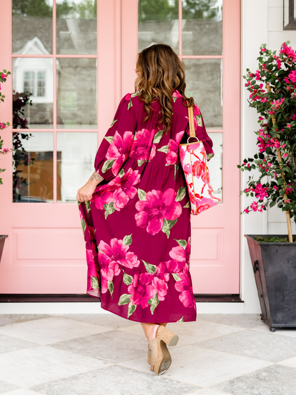 Plus/Reg Botanical Floral Print Puff Sleeve Tiered Midi Dress - Freckled Poppy