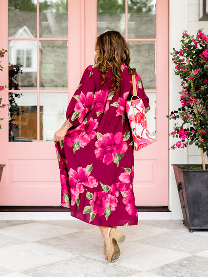 Plus/Reg Botanical Floral Print Puff Sleeve Tiered Midi Dress - Freckled Poppy