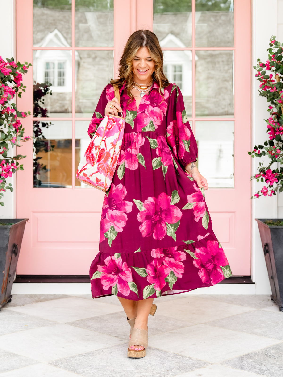 Plus/Reg Botanical Floral Print Puff Sleeve Tiered Midi Dress - Freckled Poppy
