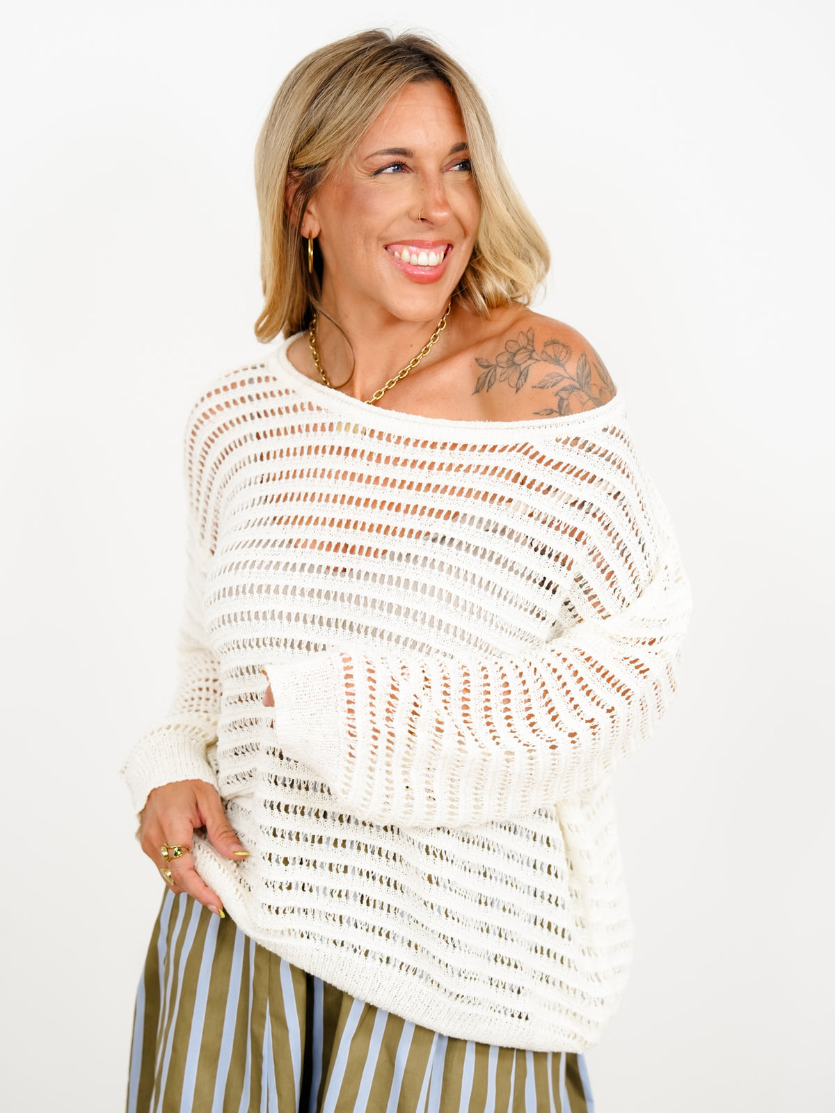 Loose Knit Long Sleeve BoatNeck Top - Freckled Poppy