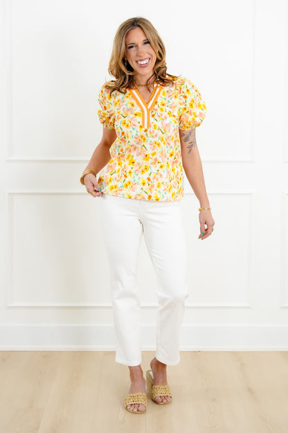 Floral Print Short Sleeve V-Neck Top with Stripe Trim - Freckled Poppy