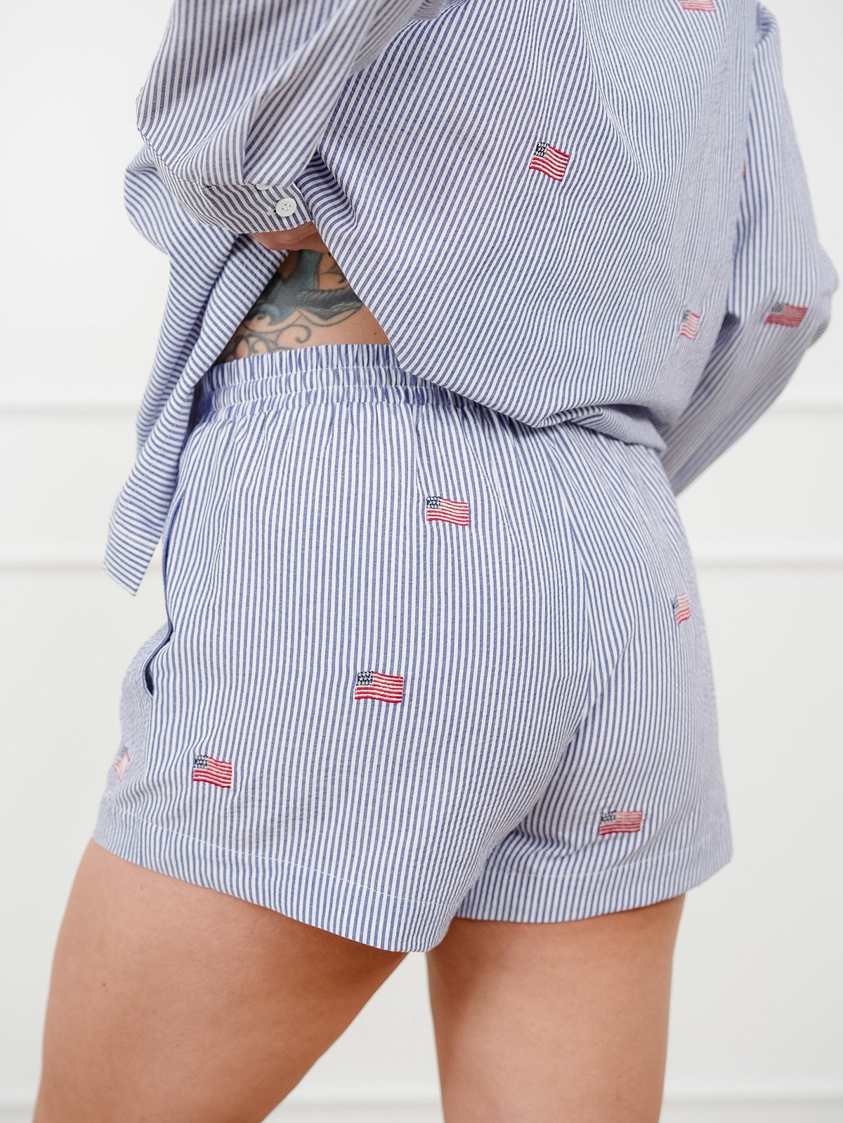 Stripe Elastic Waist Shorts with Embroidered Flags - Freckled Poppy
