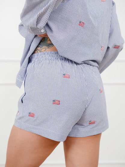 Stripe Elastic Waist Shorts with Embroidered Flags - Freckled Poppy