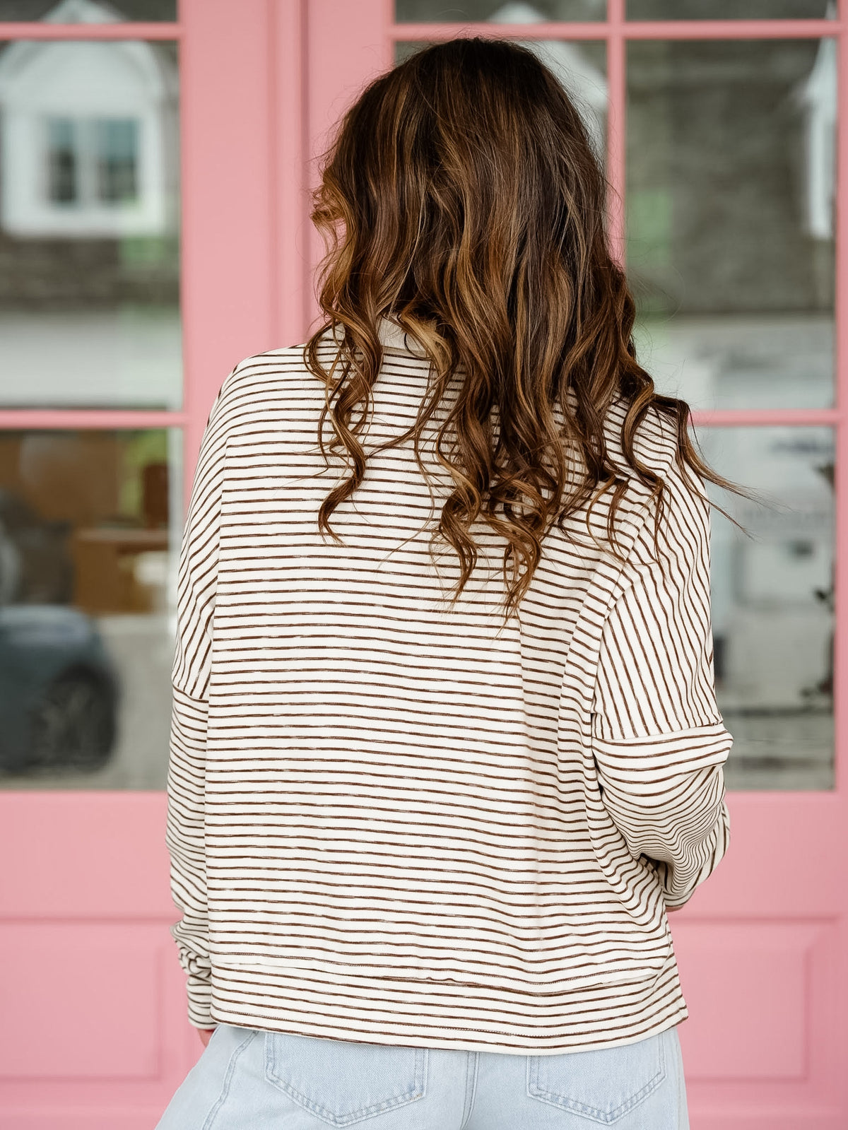 Plus/Reg Stripe Long Sleeve Button Up Top with Patch Pockets - Freckled Poppy