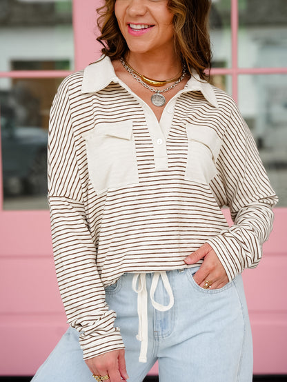 Plus/Reg Stripe Long Sleeve Button Up Top with Patch Pockets - Freckled Poppy
