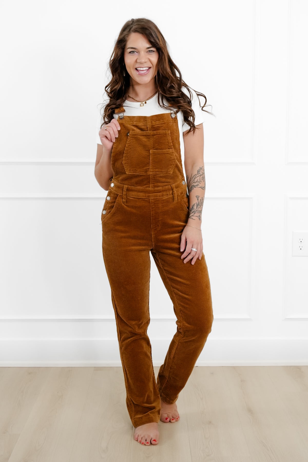 Judy Blue High Rise Camel Corduroy Straight Leg Overalls - Freckled Poppy